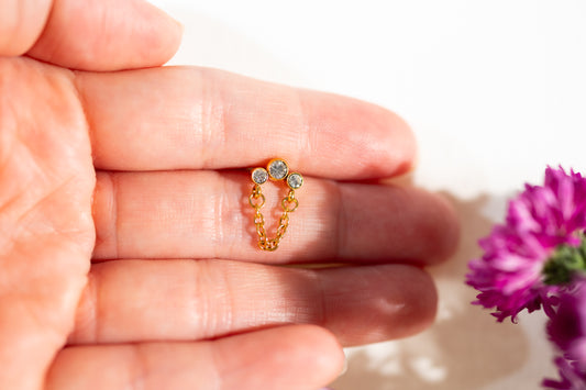 Vega Triple CZ Stud & Chain Hanger - Gold