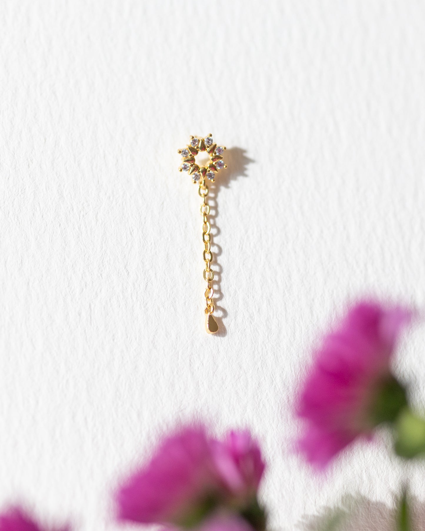 Glow CZ Flower Stud & Chain Hanger - Gold